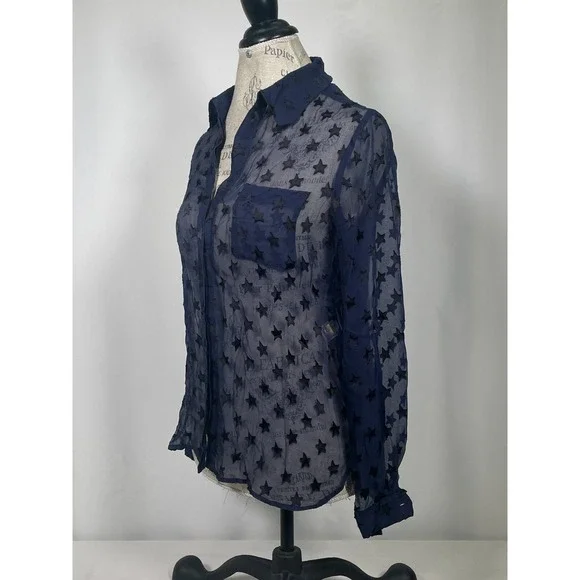 Diane von Furstenberg Lorelei Blue Star Print Sheer Chiffon Blouse Women's Sz 2 - Picture 8 of 14
